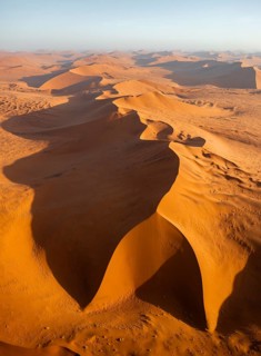 Aerial view, evening mood, red sand dunes of the Namib Desert, Namib Naukluft Park, Namibia