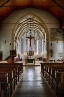 Interior view, nave, choir room, Jesus Christ on the cross, Neubronn altar, winged altar, Ulm