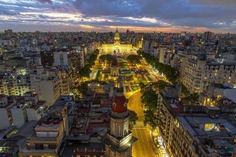 Aerial view of the Palacio del Congreso, Palace of the Argentine National Congress at dusk, Buenos