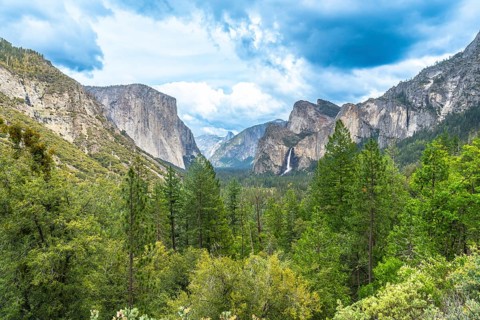 Yosemite valley panorama presenting el capitan, bridalveil fall, and half dome nestled among lush