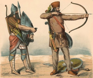 Assyrian soldiers after a battle in Mesopotamia: a Median archer (right) and an Assyrian soldier or