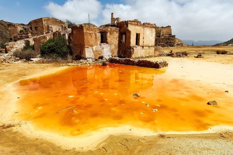 Mazarron mines, former mining, abandoned industrial ruins, colorful landscape, oxidation of
