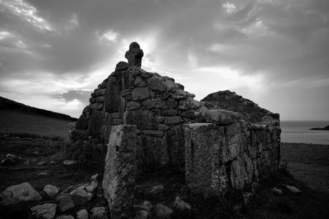 Ruins of the former church of St Helen's Oratory, Cape Cape Cornwall, black and white, St Just in