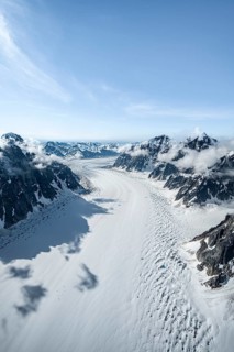 Ruth Glacier, epic mountains with large valley glacier, aerial view, Alaska Range, Denali National