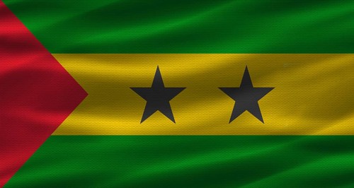Sao Tomean flag with fabric texture. Realistic flag of Sao Tome and Principe waving
