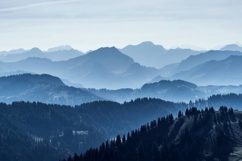 Moody mountain landscape with the mountains of Bregenzer Wald, Vorarlberg, Austria