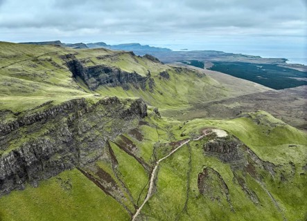 Aerial photo of the wild and rocky landscape at the Old man of Storr on the Isle of Skye, Scotland,