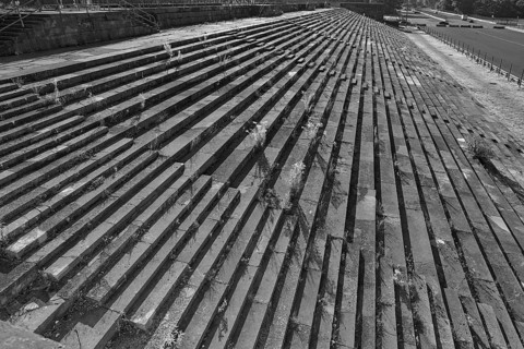 Part of the main stand of the Zeppelin field from 1940 on the former Reichsparteitag grounds, black