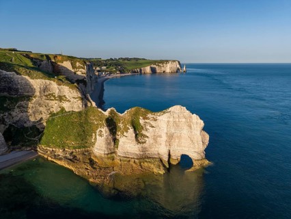 Aerial view of the Falaise d'Amont rock formation with the Porte d'Amont rock gate, Porte d'Aval