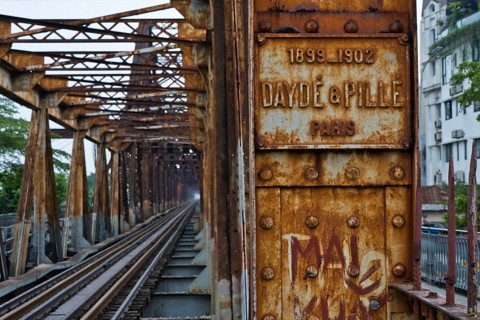 Long Bien Railway Bridge over the Red River, Hanoi. The Long Bien Bridge was built between 1899 and