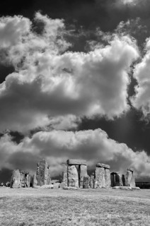 Stonehenge ca. 3000 BC, a megalithic structure from the Neolithic period, cloudy sky, black and