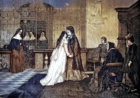 A scene in which a young woman says goodbye to her family to enter a monastery. A future postulant