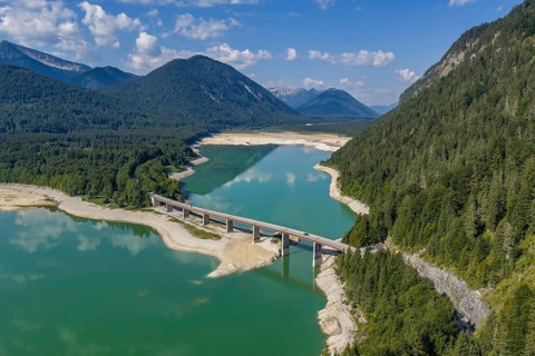 Mountain lake, mountains, reflection, sunny, summer, drought, low water, drought, bridge, road,