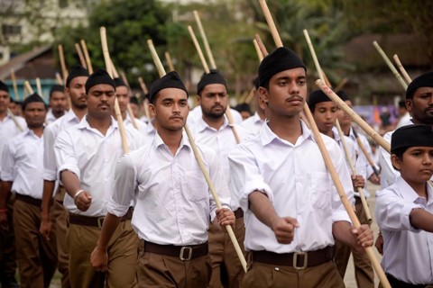 Rashtriya Swayamsevak Sangh (RSS) volunteers participate in an annual event, in Guwahati, Assam,