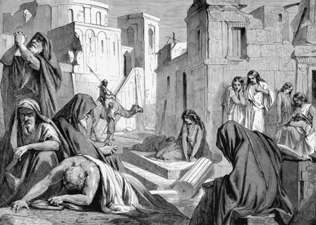 The elders and virgins in Jerusalem complain about the fall of the city, Bible, Old Testament,