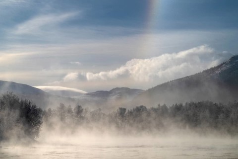 Fog and parhelion over the river Glomma (Glåma), Alvdal, Hedmark, Innlandet, Norway, February 2026