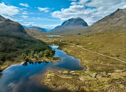 Panoramic aerial photo of Beinn Eighe National park and Loch clair in the in the scottish