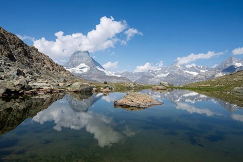 Matterhorn reflected in Riffelsee, Zermatt, Valais, Switzerland