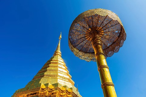 Gilded Chedi temple tower, stupa and gilded canopy, Wat Phra That Doi Suthep temple complex, Chiang