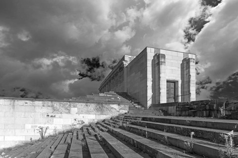 Main stand of the Zepelin field on the former Reichsparteitagsgelände, black and white, Nuremberg,