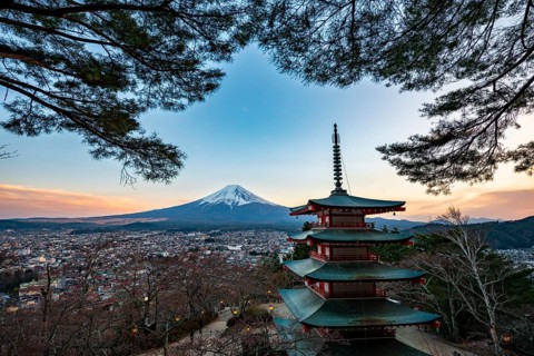 Five-story pagoda of a Shinto Shrine, Chureito Pagoda, with views of Fujiyoshida City and Mount
