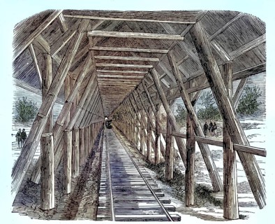 Snow Gallery, Snow Shed, the Union Pacific Railroad in the Sierra Nevada around 1870. Wooden