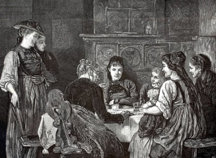 A card reader from Tyrol. In the center, the elderly, wise woman with glasses in profile facing
