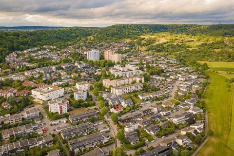 Residential area with various types of buildings and natural surroundings under a cloudy sky,
