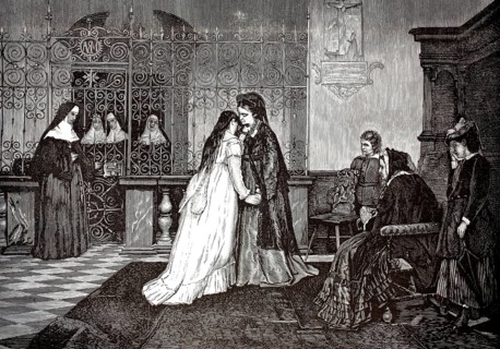 A scene in which a young woman says goodbye to her family to enter a monastery. A future postulant