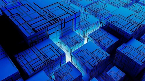 Vibrant abstract background showcases interconnected cubes, representing technology and data in a