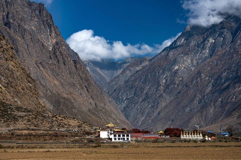 Newly built Buddhist monastery and stupas, Tsum Monastry, Tsum Valley, Himalayas, Nepal