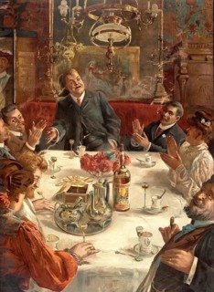 Advertising poster, beverage advertisement, poster is titled Un repas animé and is by the Belgian