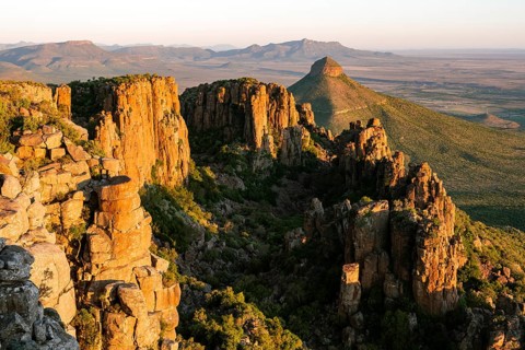View of the Valley of Desolation at sunset, eroded rock needles from Dolorit, Camdeboo National
