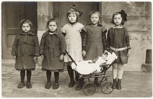 Children, backyard, twenties, big city, doll stroller, twins, five girls standing together, one
