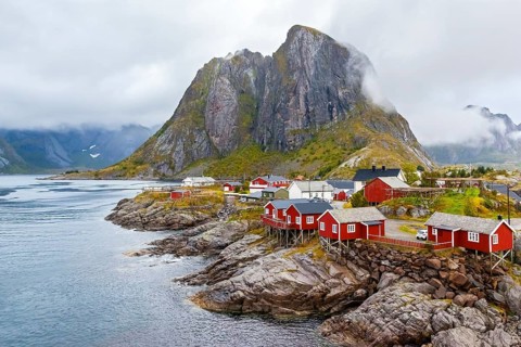 Lofoten, Flakstadoy island, historic fishing village Nusfjord, Norway, mountain range, fisherman's
