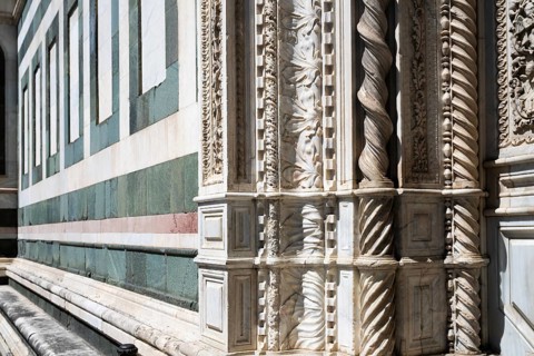 Detailed marbled columns and ornaments, decorative floral reliefs and textures, marble, façade,