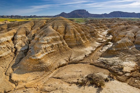 Rock formation caused by erosion in the morning light in the Bardenas Reales Natural Park, Navarra,