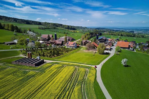 Blooming rapeseed field, back the village with farms, Geltwil, Freiamt, Canton of Aargau,