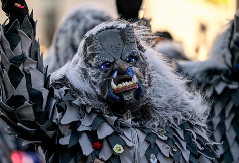 Member of a fools' guild in traditional Haes, fools' clothes, during the carnival procession in
