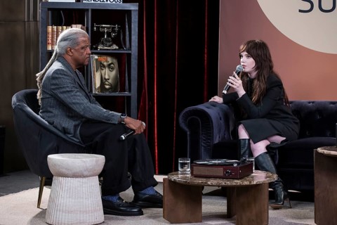 Sophie Thatcher talking to Elvis Mitchell in The Elvis Mitchell Suite during the 79th Cannes