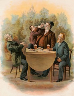 Advertising poster, beverage advertisement, Four Gentlemen, sitting at a table in the outdoors,