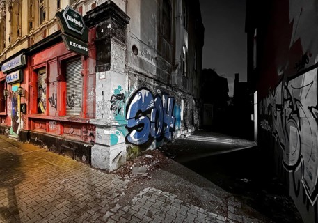 Scrap property in a no-go area, color saturation progression to black and white, Gelsenkirchen,