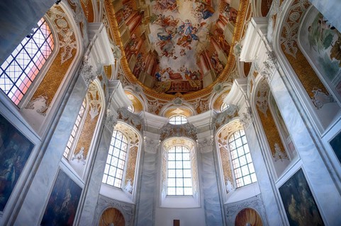 Interior view, chancel, ceiling, ceiling fresco, Protestant town church, Ellwangen (Jagst),
