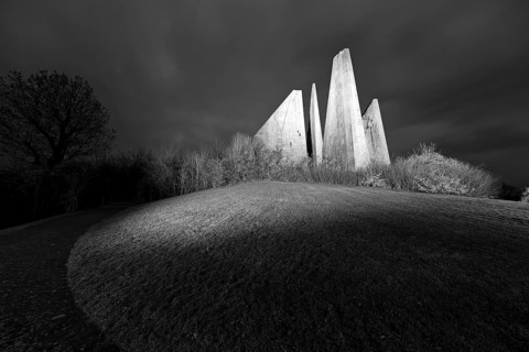 Friedland Memorial, Memorial to German returnees and expellees at night, Friedland, Lower Saxony,