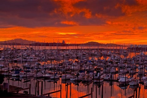 Sunrise over Westhaven Marina and Rangitoto Island, Auckland, New Zealand