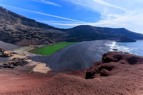 Lanzarote, Canary Islands, Spain, Europe, El Golfo, volcanic landscape with green lake and black