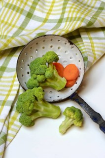 Broccoli in sieve trowel and carrot slices, Brassica oleracea var. italica