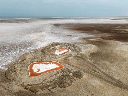 Saline ponds with ruddy algae growth and white salt deposits at the Atlantic Coast. Aerial view.