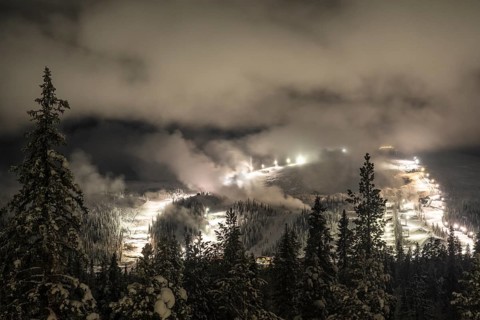 Artificial snowmaking of illuminated ski slopes, Dundret Nature Reserve, Gällivare, Norrbotten,
