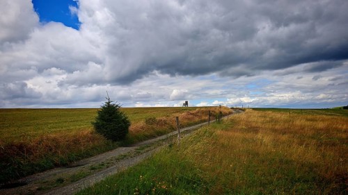 A narrow dirt road leads through wide fields while heavy clouds dominate the sky, hiking on the